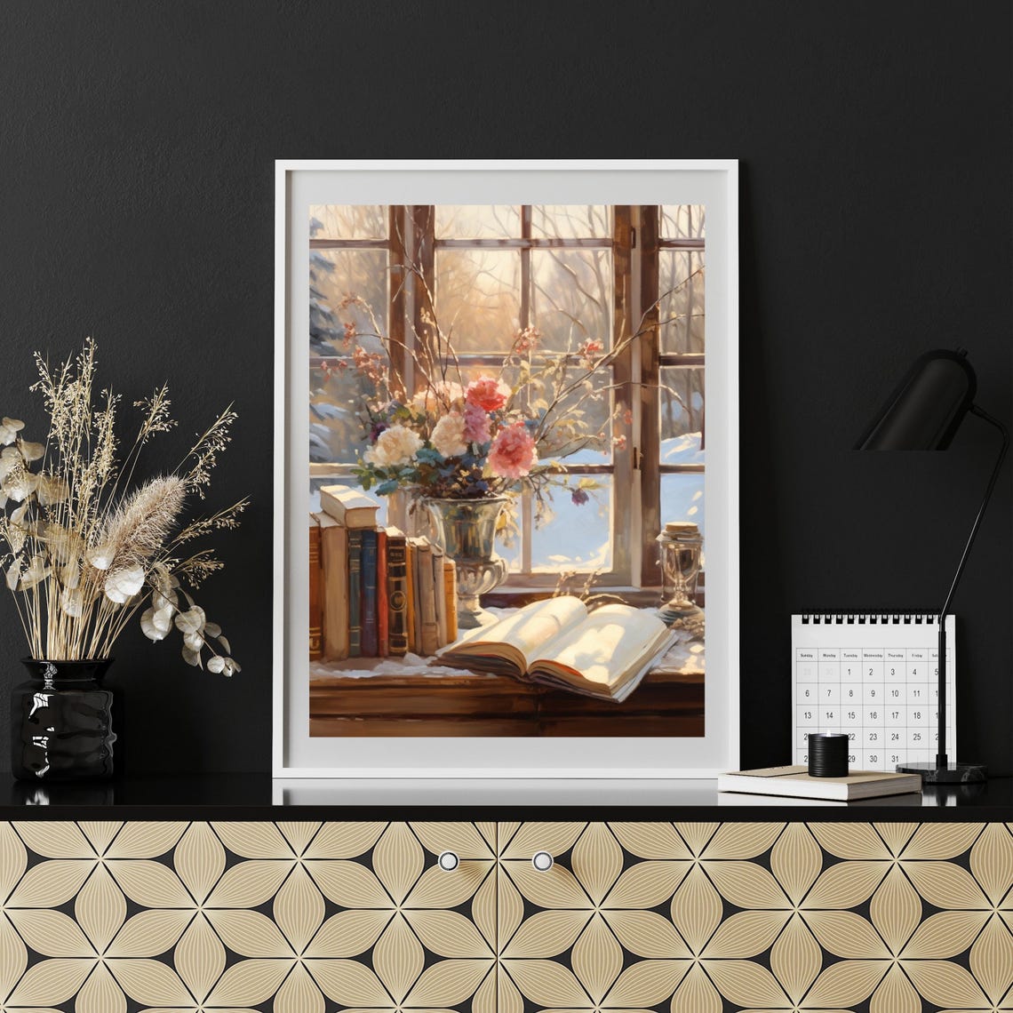 Winter Window Still Life with Books and Flowers Painting Poster - Image 5