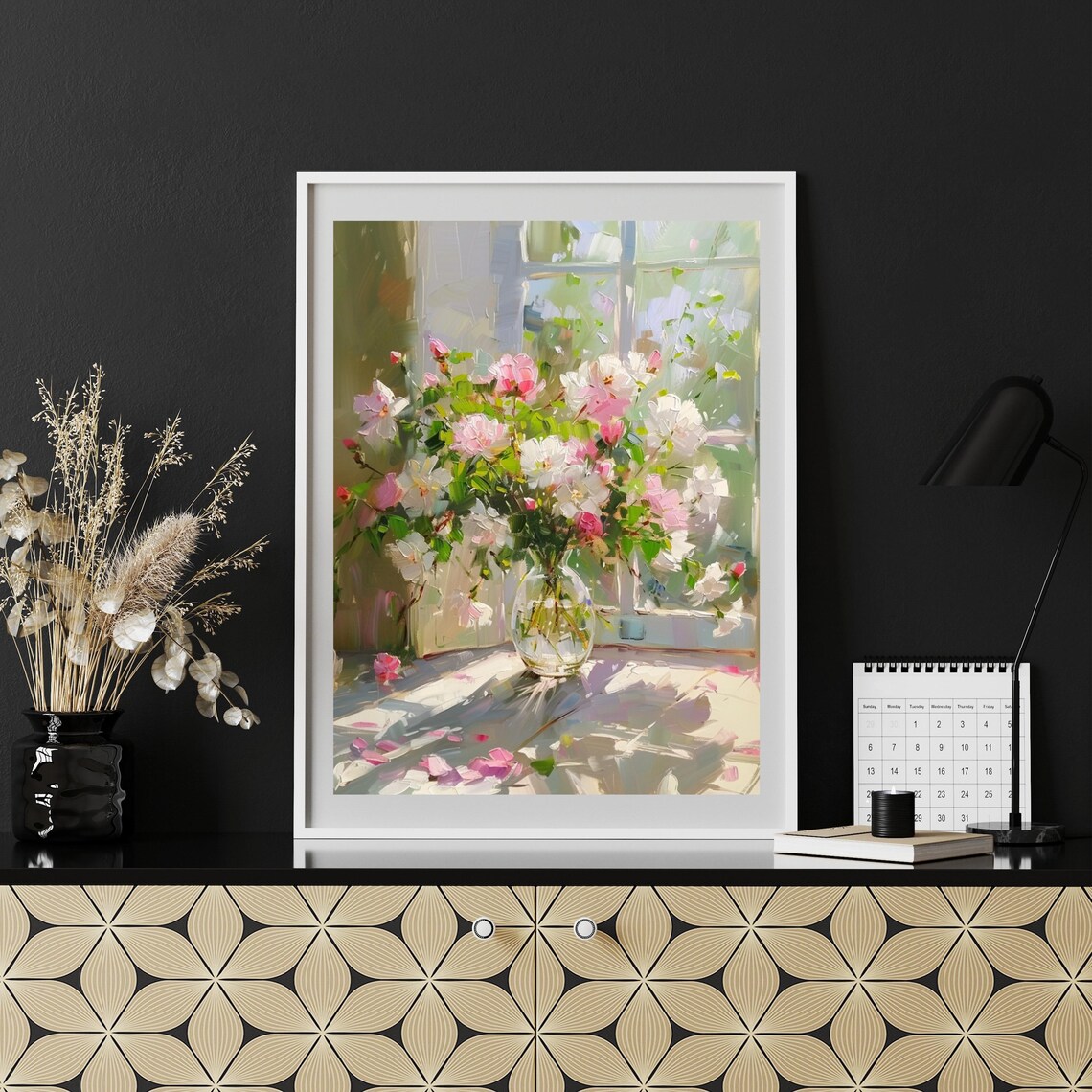 Sunlit Pink Roses in Glass Vase by Window Impressionist Floral Painting Poster - Image 2