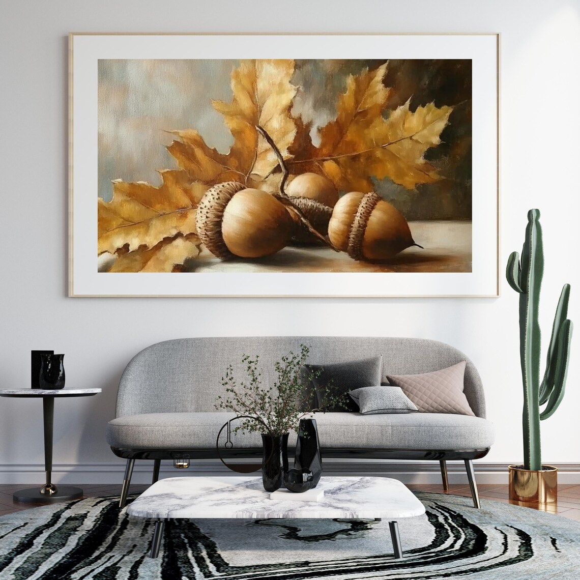 Golden Acorns and Autumn Leaves Still Life Oil Painting Poster - Image 5