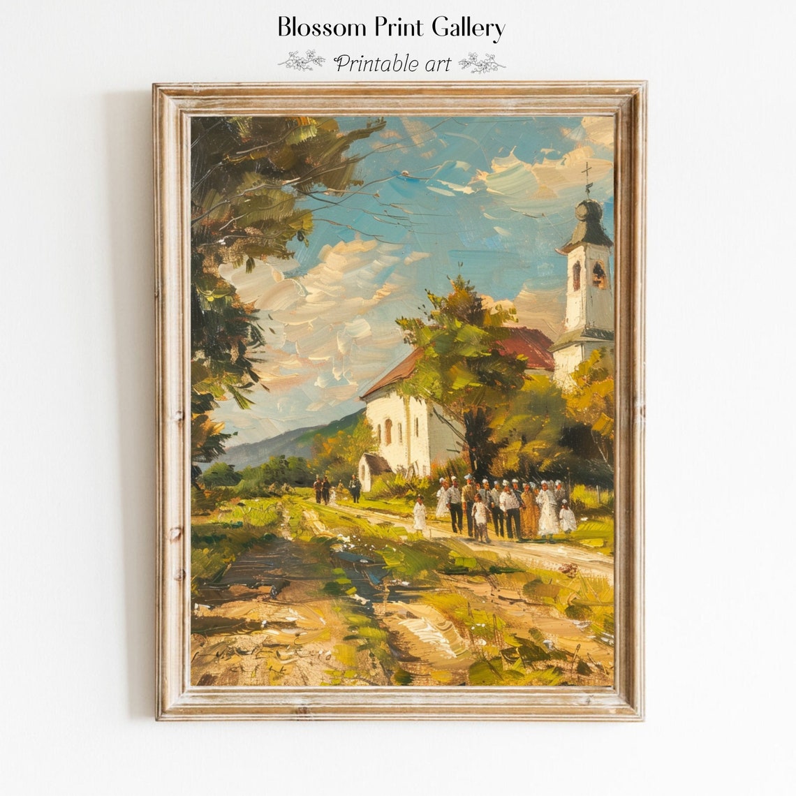 Vintage Old Church Print Antique Landscape Oil Painting Farmhouse Decor Living Room Wall Art Country Scenery 523