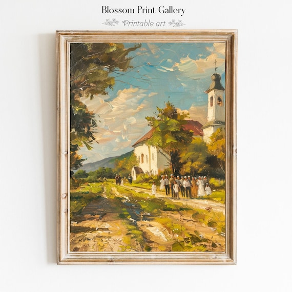 Vintage Old Church Print Antique Landscape Oil Painting Farmhouse Decor Living Room Wall Art Country Scenery 523