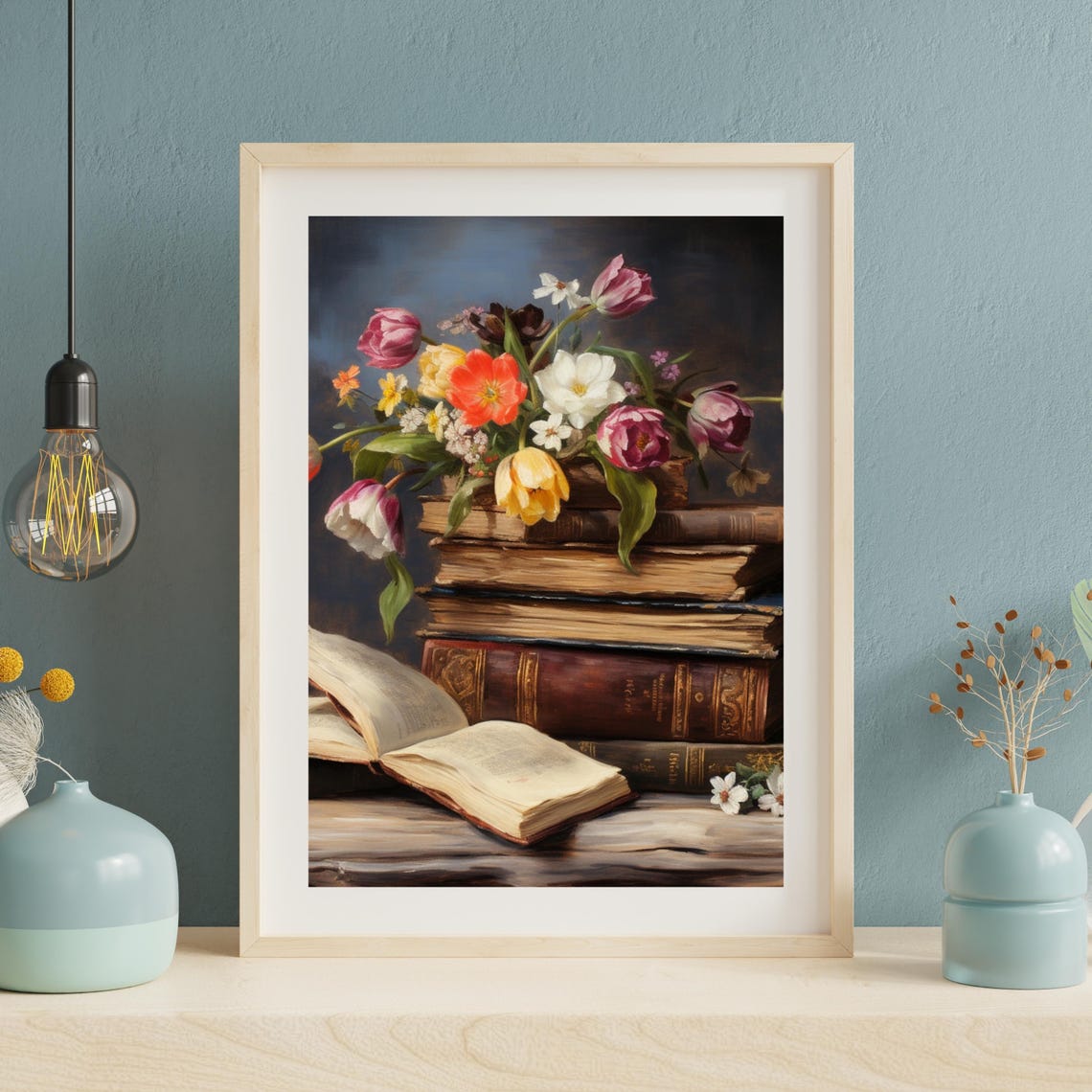 Antique Books with Blooming Tulips Dark Academia Still Life Poster - Image 3