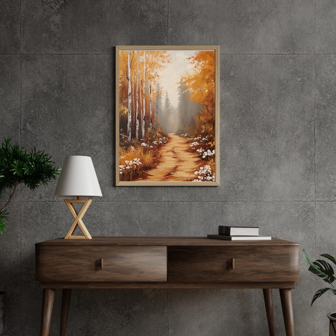 Golden Autumn Path Through Birch Trees With White Wildflowers Print - Image 6
