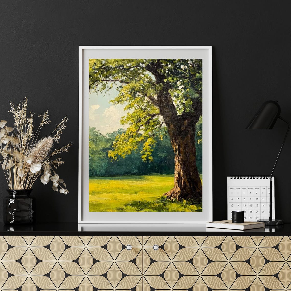Majestic Oak Tree Sunlit Green Meadow Summer Landscape Poster - Image 4