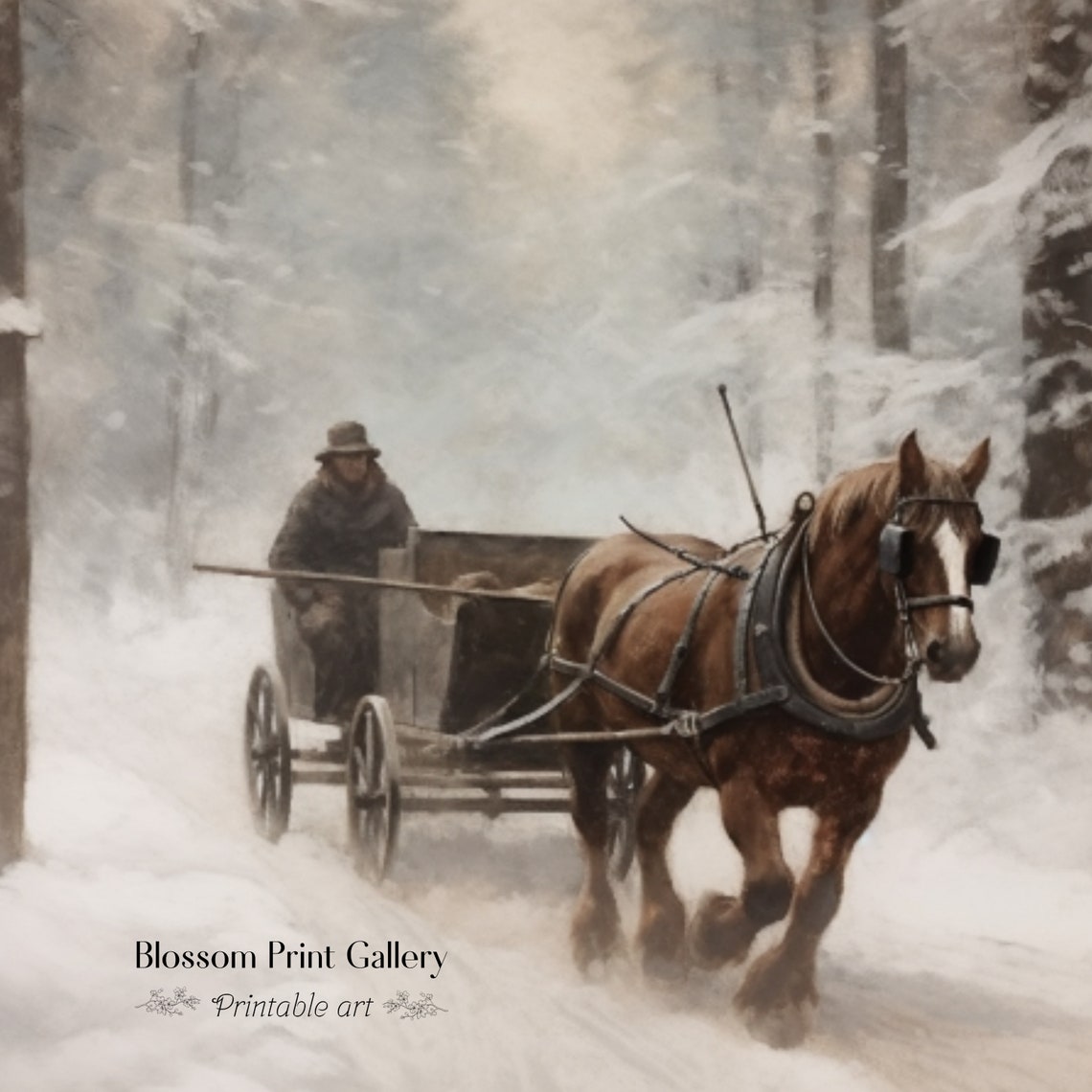 Horse Drawn Wagon Snowy Forest Winter Vintage Painting Poster - Image 3