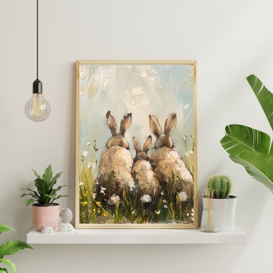 Three Rabbits Watching Wildflower Meadow Cute Bunny Painting Poster - Image 6