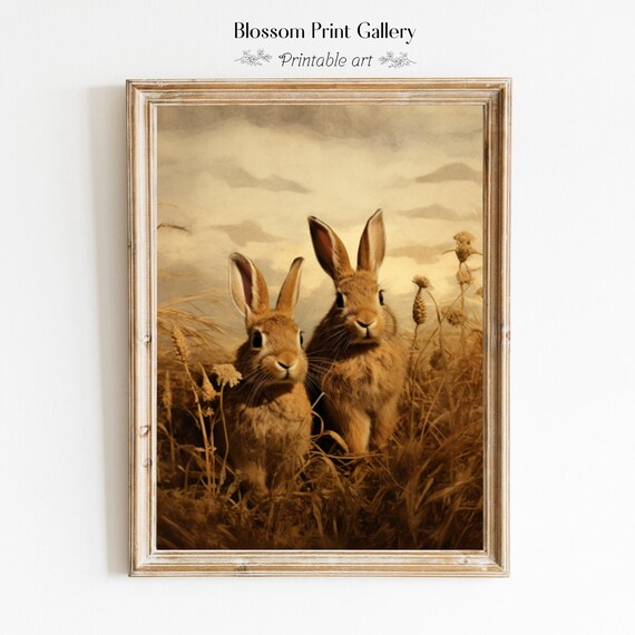 Two Brown Rabbits Golden Meadow Vintage Wildlife Painting Poster