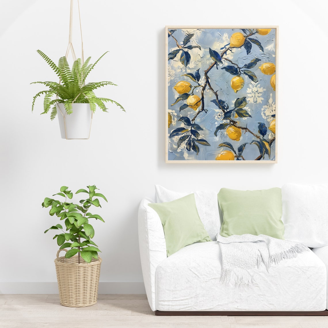 Yellow Lemon Branch with Blue Leaves Textured Oil Painting Poster - Image 5