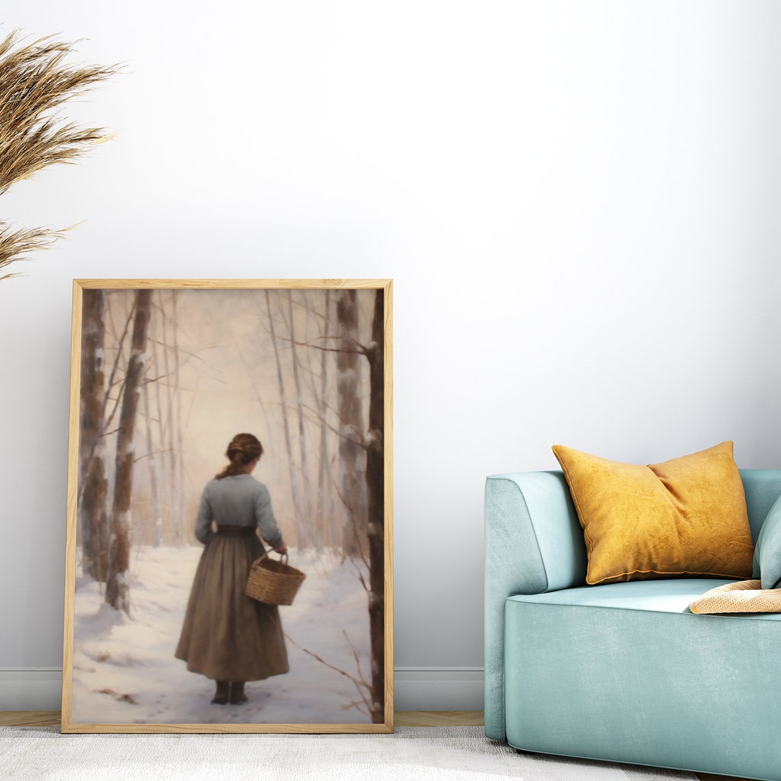 Woman With Wicker Basket Walking Through A Snowy Birch Forest Poster - Image 6