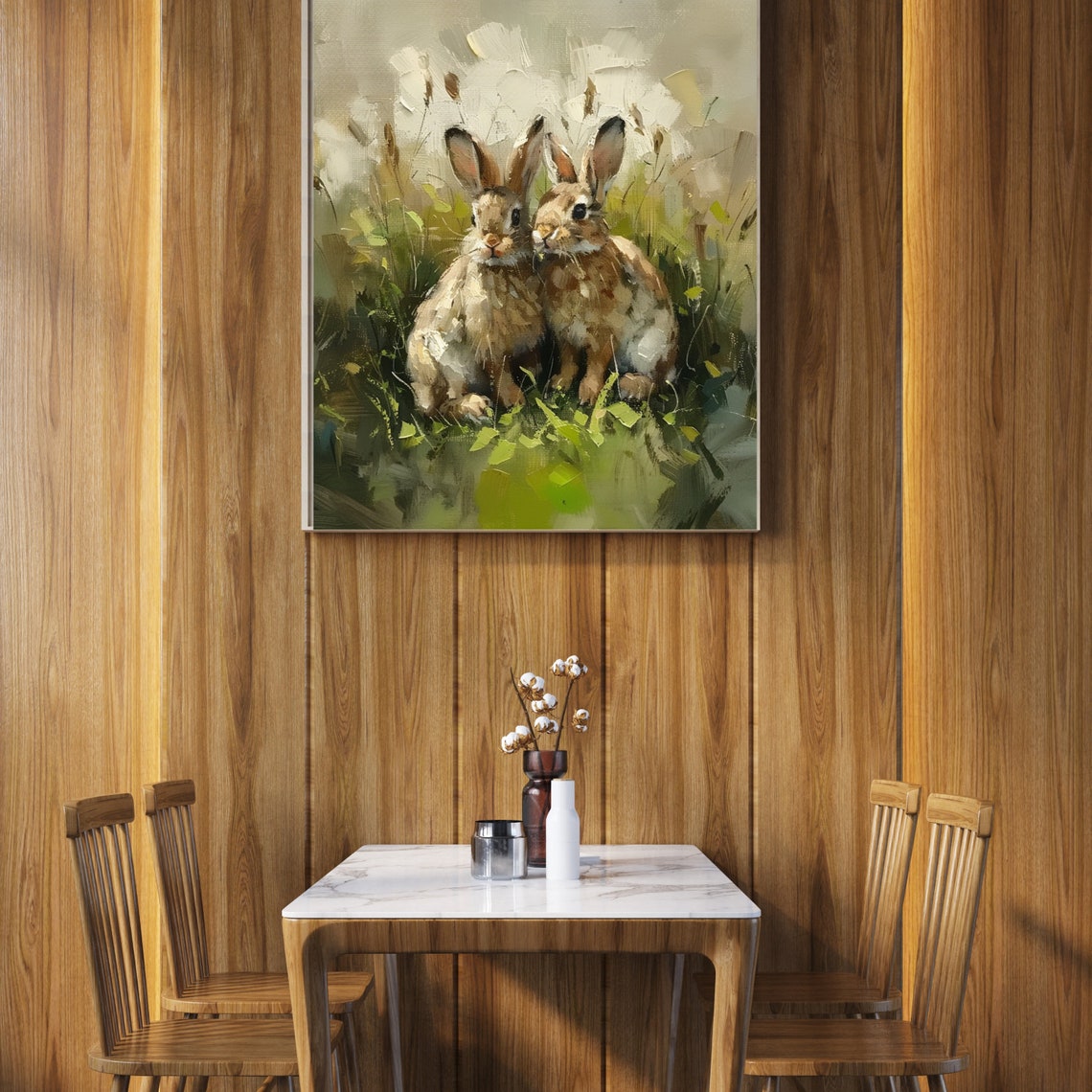 Two Wild Rabbits In Summer Meadow Vintage Oil Painting Poster - Image 2