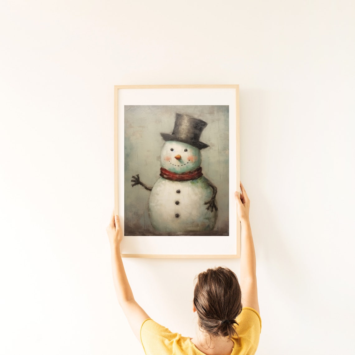 Vintage Snowman With Top Hat And Red Scarf On Cracked Plaster Poster - Image 4
