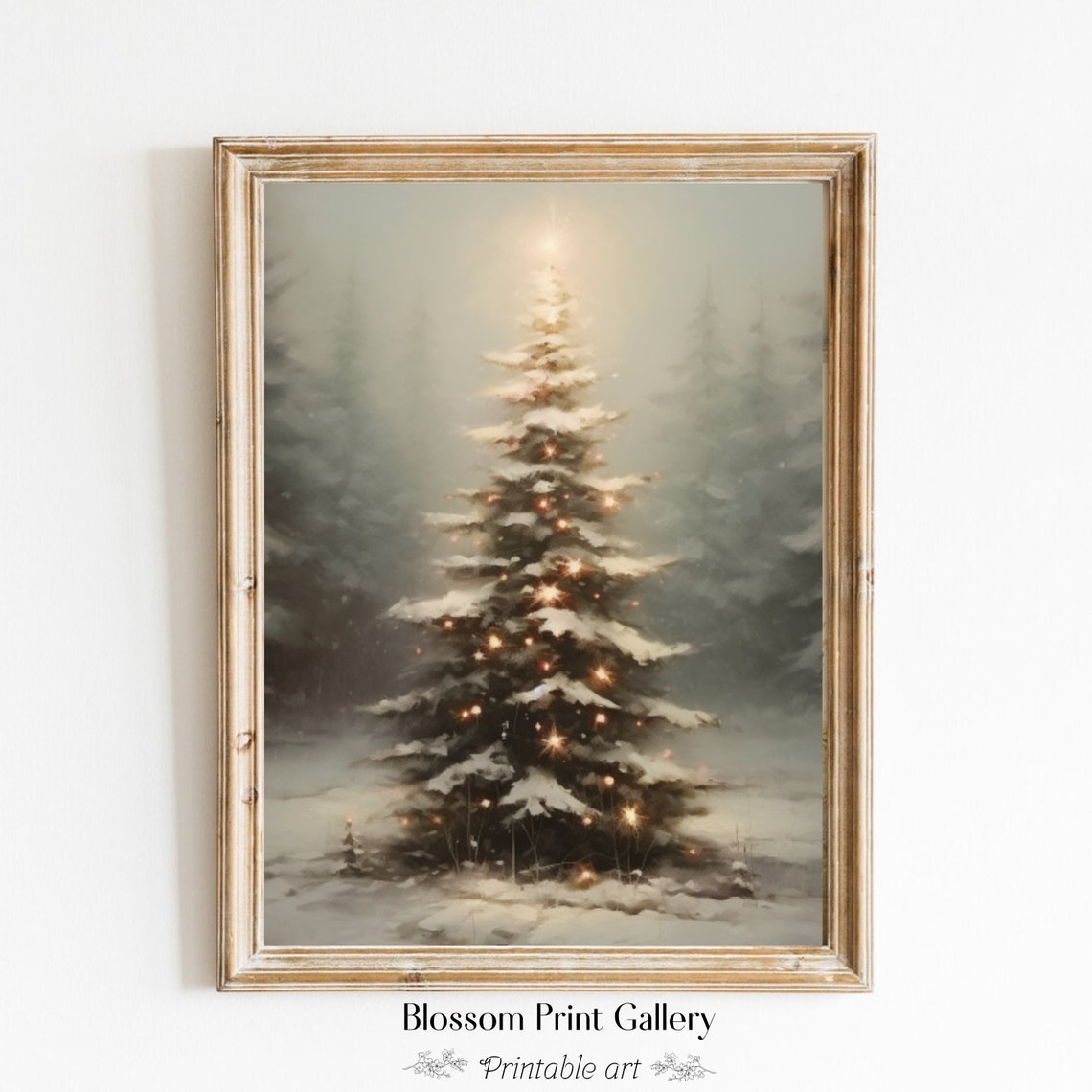 Glowing Snowy Christmas Tree in Misty Winter Forest Painting Poster