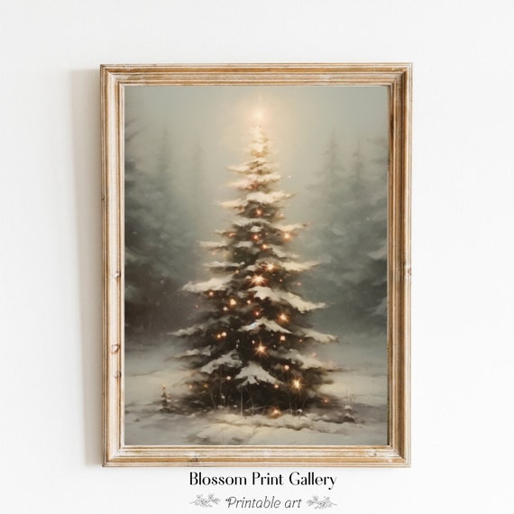 Christmas Tree Painting Vintage Snowy Landscape Wall Art Nature Muted Neutral Moody Rustic Winter Forest Decor 164