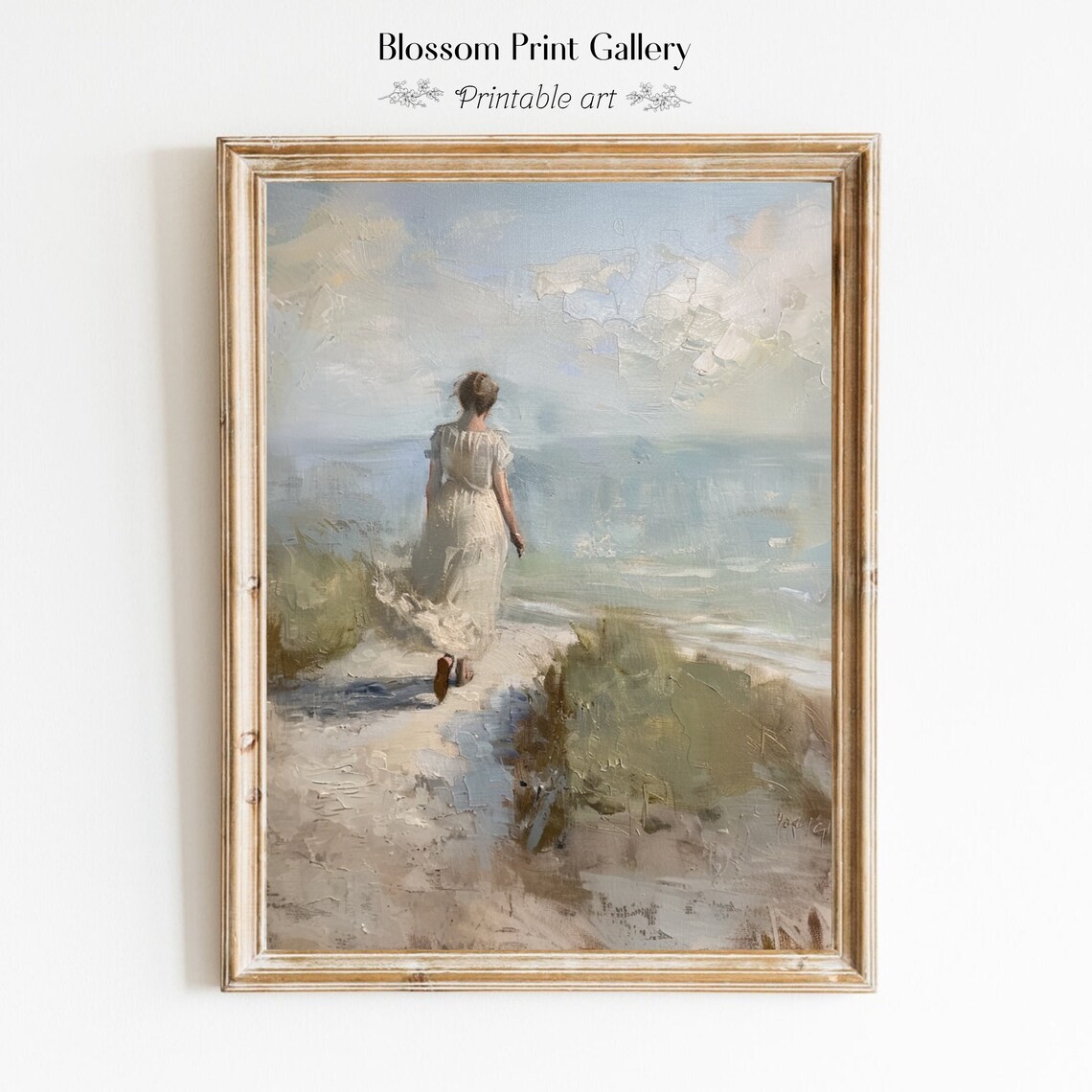 Woman In White Dress Walking To The Beach Coastal Painting Poster