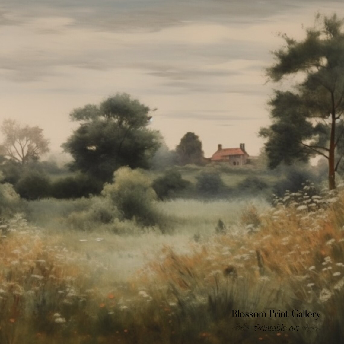 Wildflower Meadow Landscape Painting With Country Cottage Art Print - Image 3