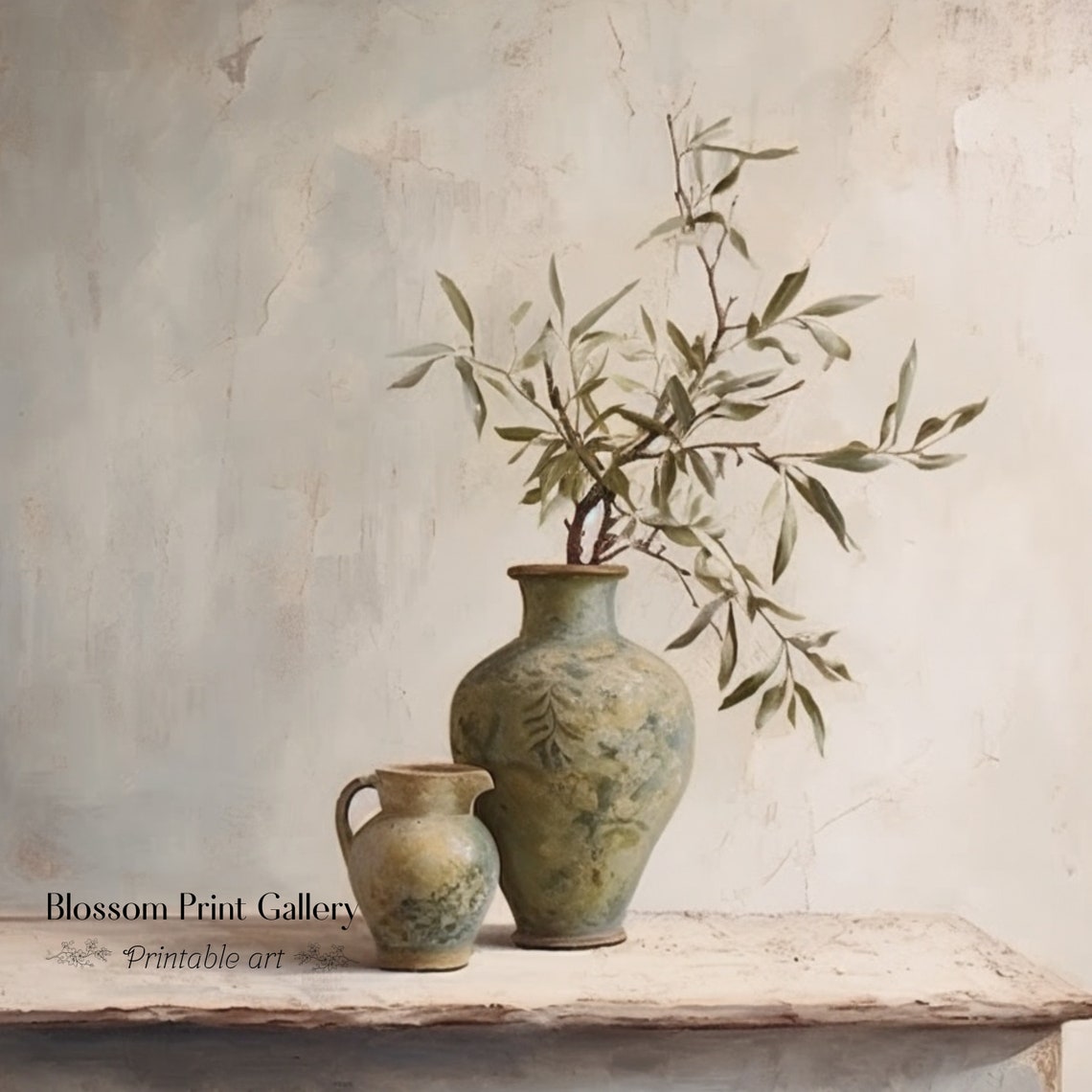 Olive Branch Antique Vase Neutral Still Life Rustic Art Poster - Image 3