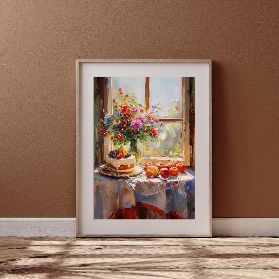 Sunlit Summer Still Life Flowers Berry Cake Window Painting Poster - Image 2