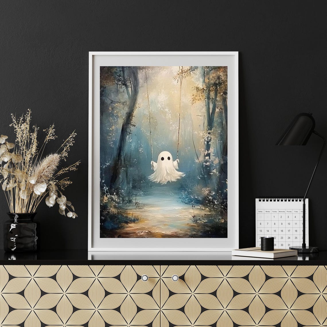 Cute Ghost On A Swing In A Misty Blue Forest Halloween Poster - Image 5