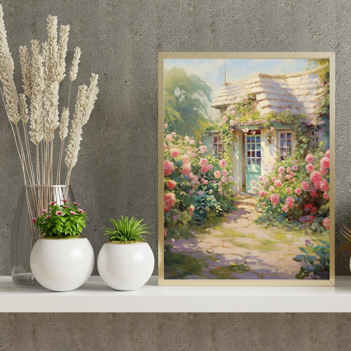 Sunlit Thatched Roof Cottage Bursting With Roses Garden Art Poster - Image 2