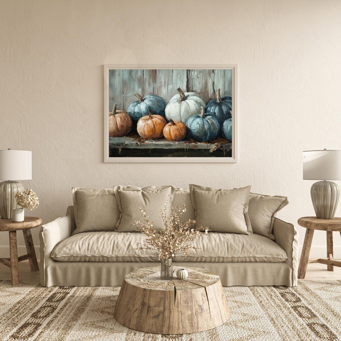 Blue And Orange Pumpkins Still Life Rustic Fall Painting Poster - Image 4