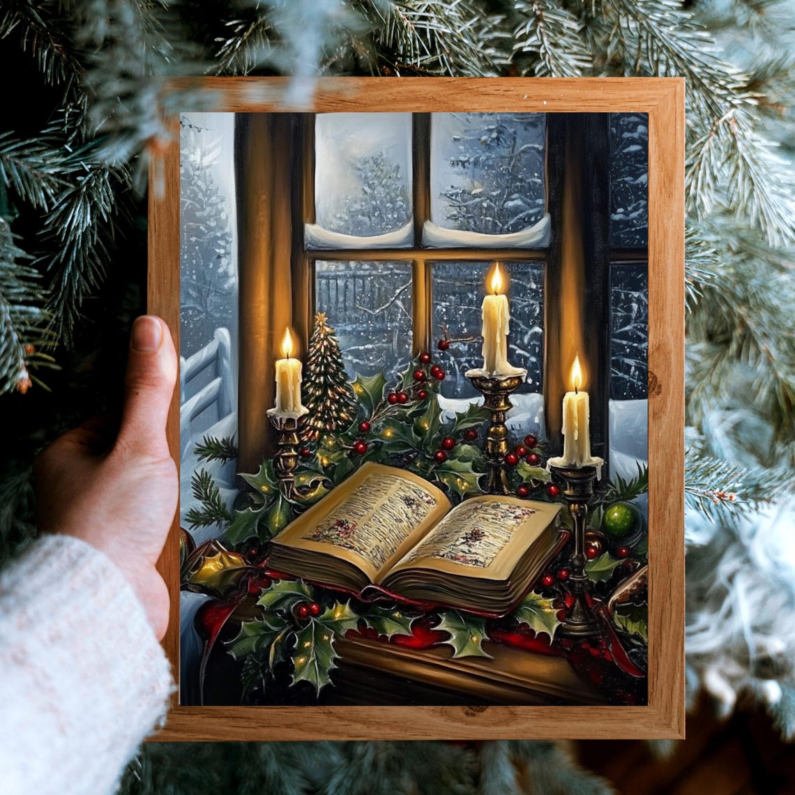 Christmas Window Candles Open Book Holly Snowy Night Wall Art - Image 5