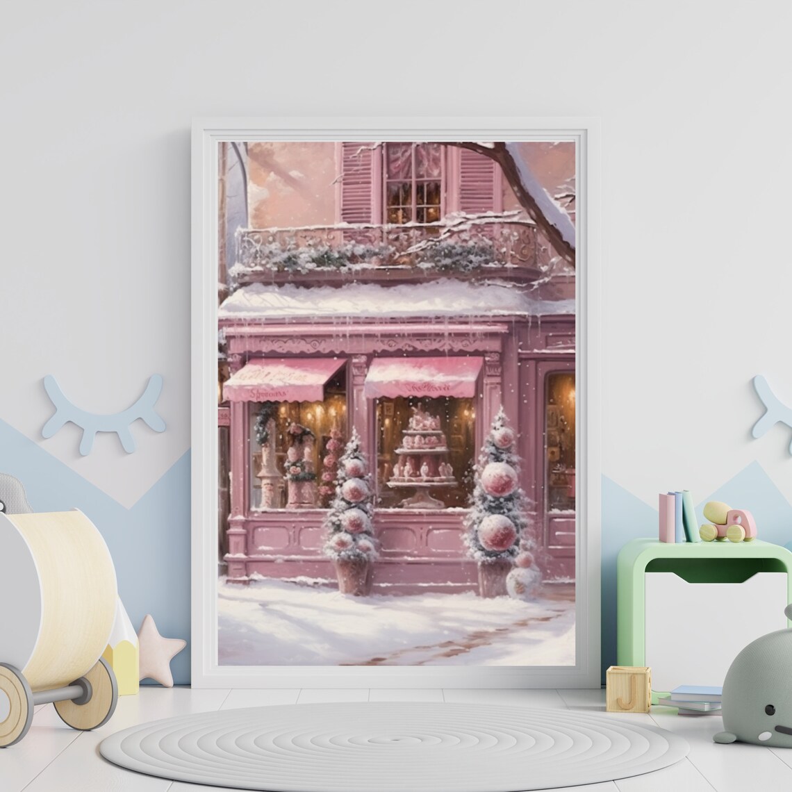 Pink Patisserie Snowy Christmas Street Winter Painting Poster - Image 4