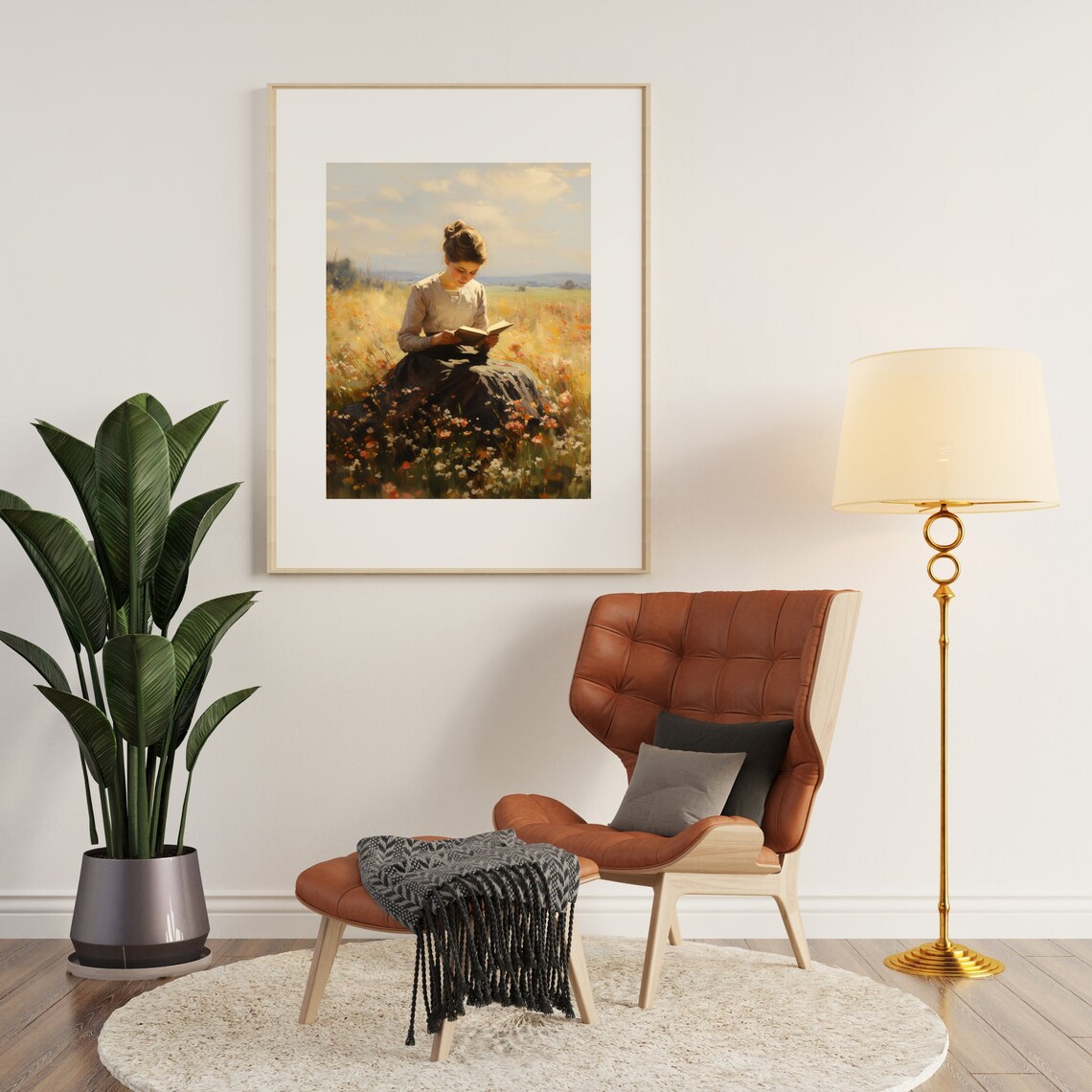 Vintage Woman Reading Book In Wildflower Field Sunny Oil Painting Poster - Image 3