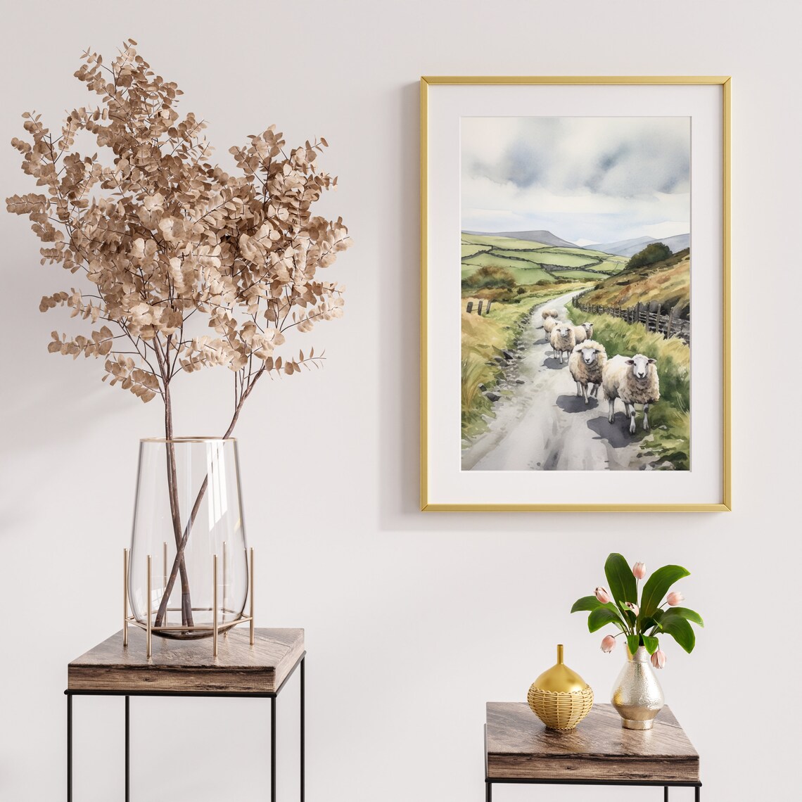 Flock of Sheep on Country Lane Green Hills Watercolor Painting Poster - Image 2