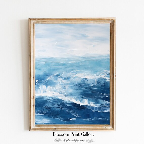 Abstract Blue Ocean Waves Textured Impasto Coastal Painting Poster