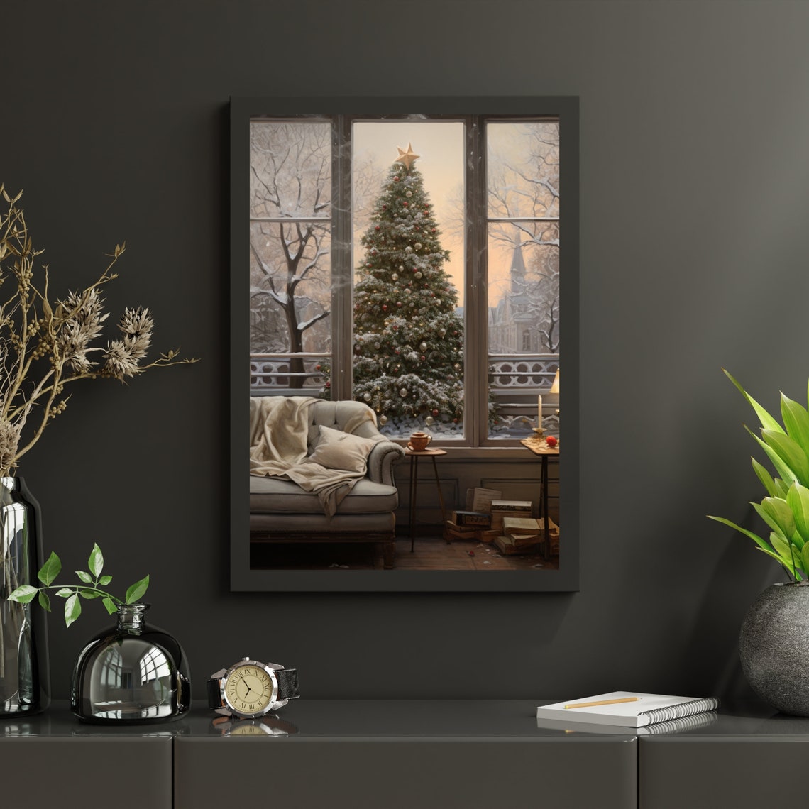 Cozy Armchair by Window with Snowy Christmas Tree Painting Poster - Image 5