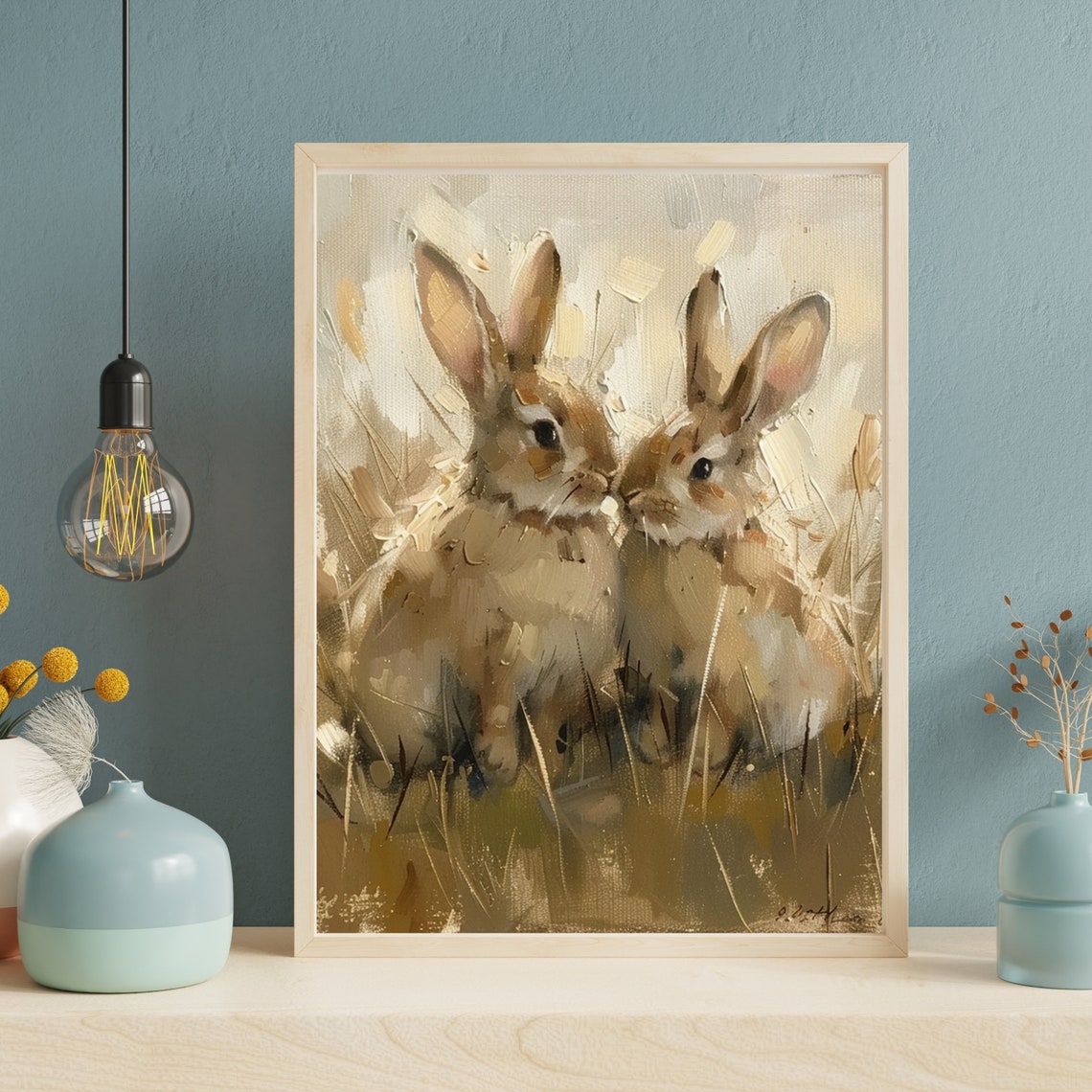 Two Cute Rabbits in Grass Impressionist Bunny Painting Nursery Poster - Image 5