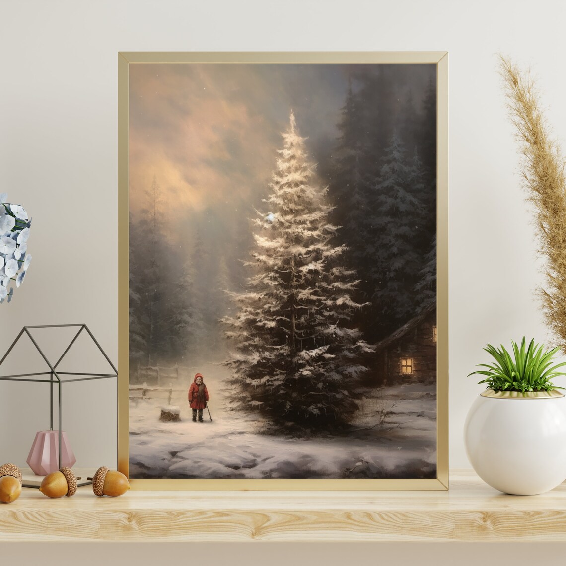 Child in Red Coat by Snowy Pine at Dusk Vintage Christmas Poster - Image 6
