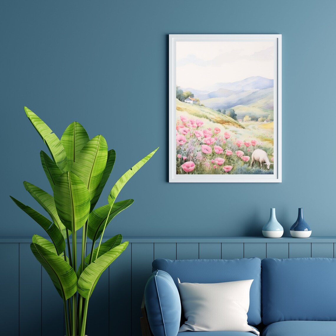 Pink Poppy Field with Grazing Sheep Watercolor Mountain Landscape Poster - Image 5