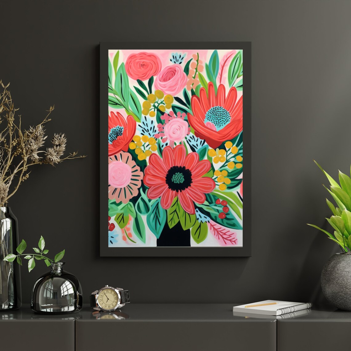 Cheerful Floral Bouquet Illustration with Coral Daisies Wall Art - Image 3