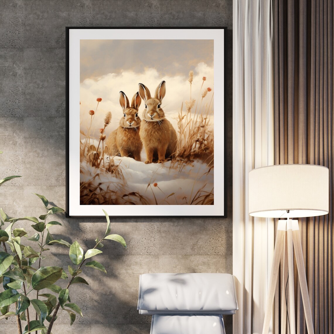 Two Brown Hares In Snowy Winter Field Wildlife Painting Poster - Image 4