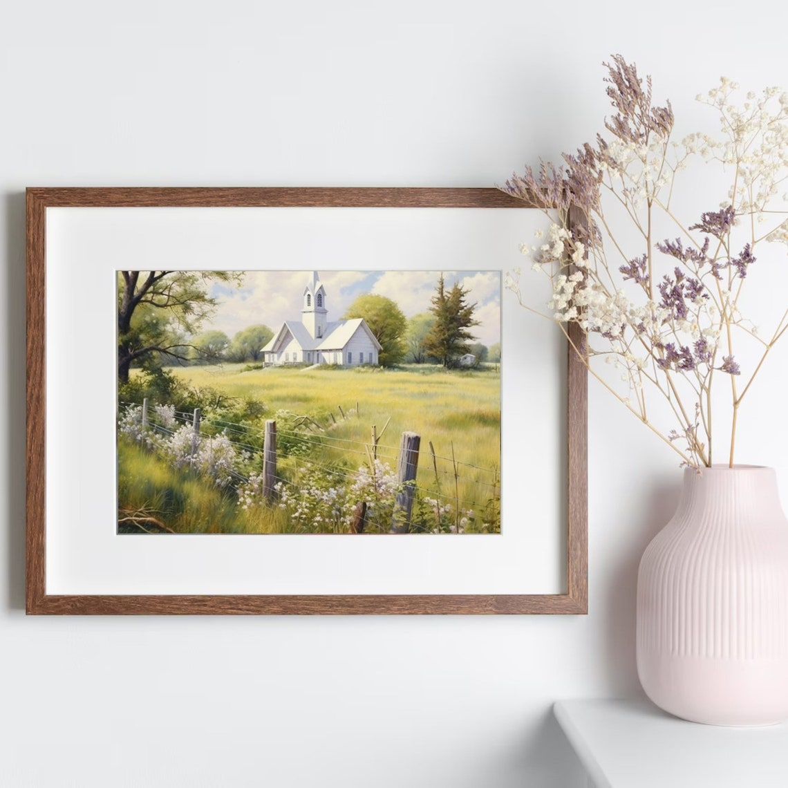 Vintage Church Print Spring Landscape Oil Painting Farmhouse Decor Living Room Wall Art Country Scenery 374 - Image 3