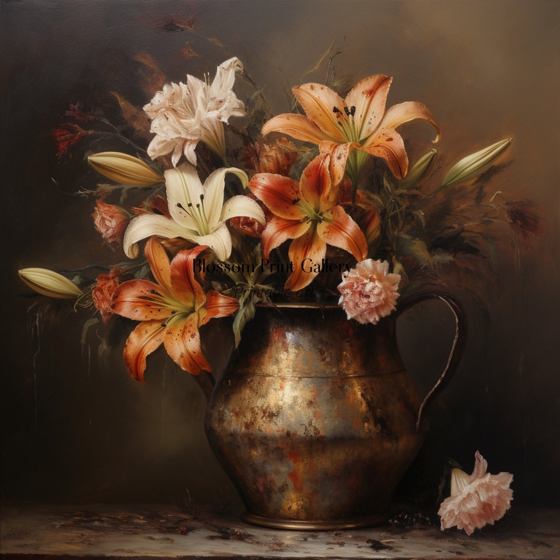 White And Orange Lilies In Brass Pitcher Vintage Floral Poster - Image 3