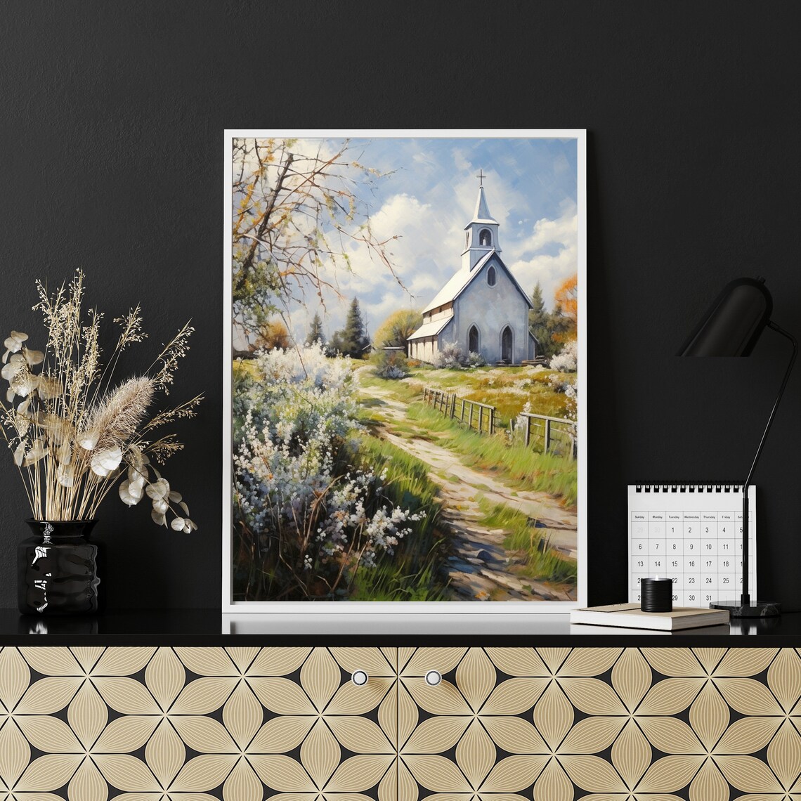 White Country Church Spring Blossom Meadow Chapel Oil Painting Poster - Image 5