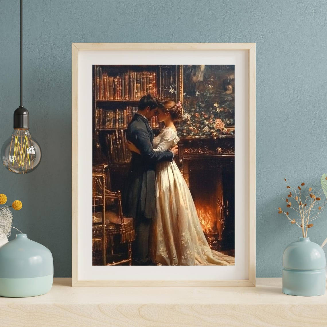 Romantic Couple Kiss Library Fireplace Vintage Love Painting Poster - Image 5