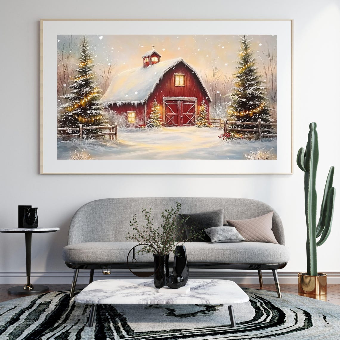 Snowy Red Barn Glowing Christmas Lights Winter Farm Art Poster - Image 6