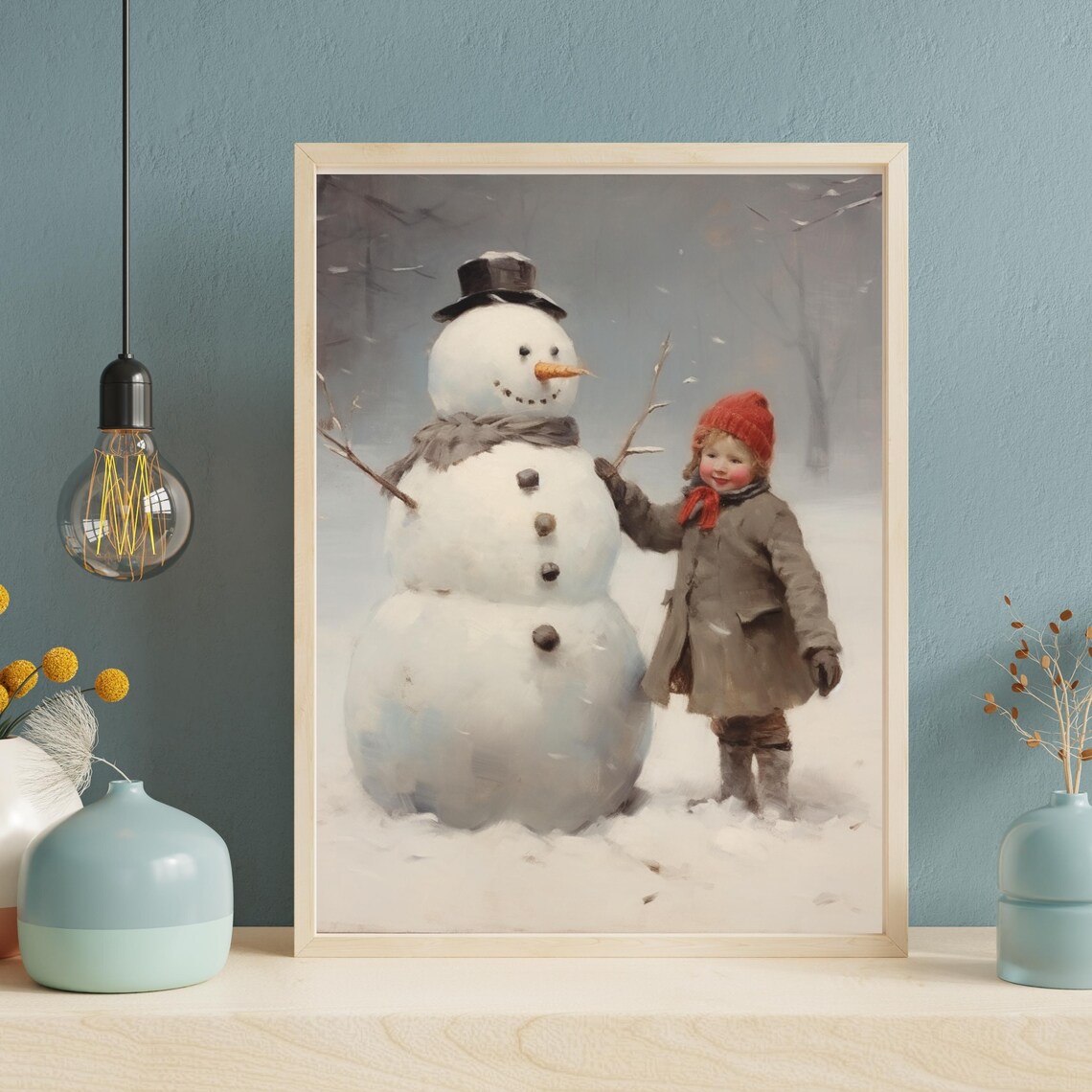 Girl Building Snowman Christmas Print Christmas Snowman Decor Farmhouse Artwork Winter Holiday Vintage Christmas Print 745 - Image 3