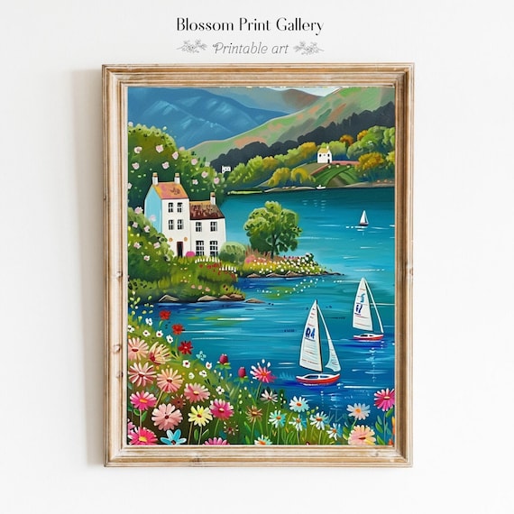 Vivid Coastal Lake Sailboats Folk Art Landscape Summer Poster