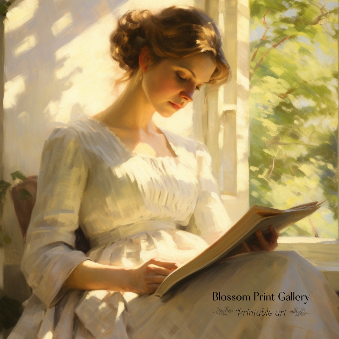 Young Woman Reading by Sunlit Window Vintage Portrait Poster - Image 2
