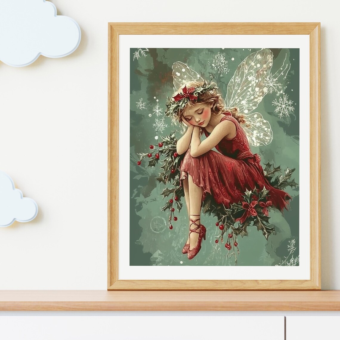Christmas Holly Fairy With Snowflakes Vintage Winter Painting Poster - Image 3