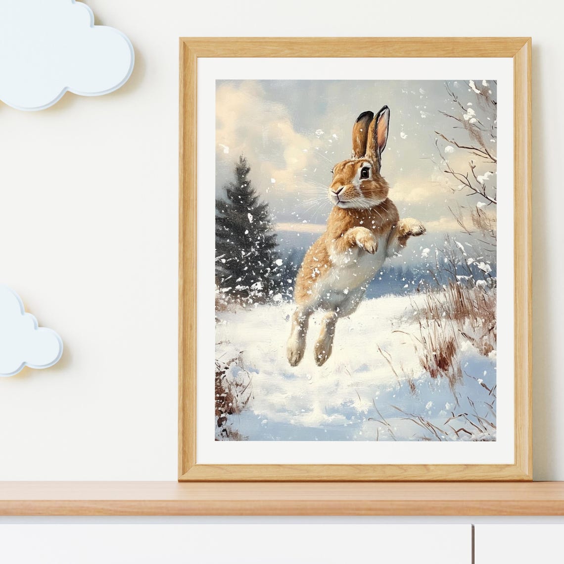 Leaping Rabbit In Falling Snow Winter Wildlife Painting Poster - Image 3