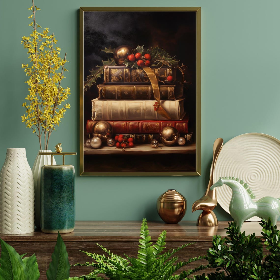 Vintage Books Christmas Ornaments Holly Dark Academia Art Poster - Image 5