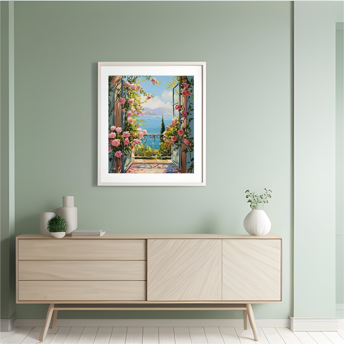 Pink Rose Covered Archway Overlooking the Blue Sea Garden Poster - Image 4