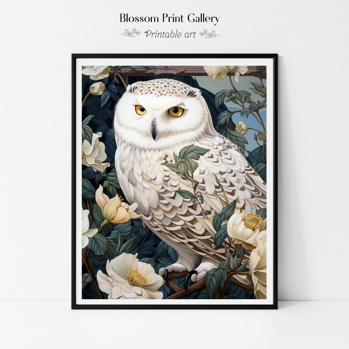 Snowy White Owl Golden Eyes Floral Botanical Painting Poster