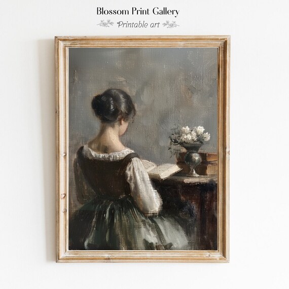 Vintage Woman Reading a Book Muted Antique Portrait Painting Poster