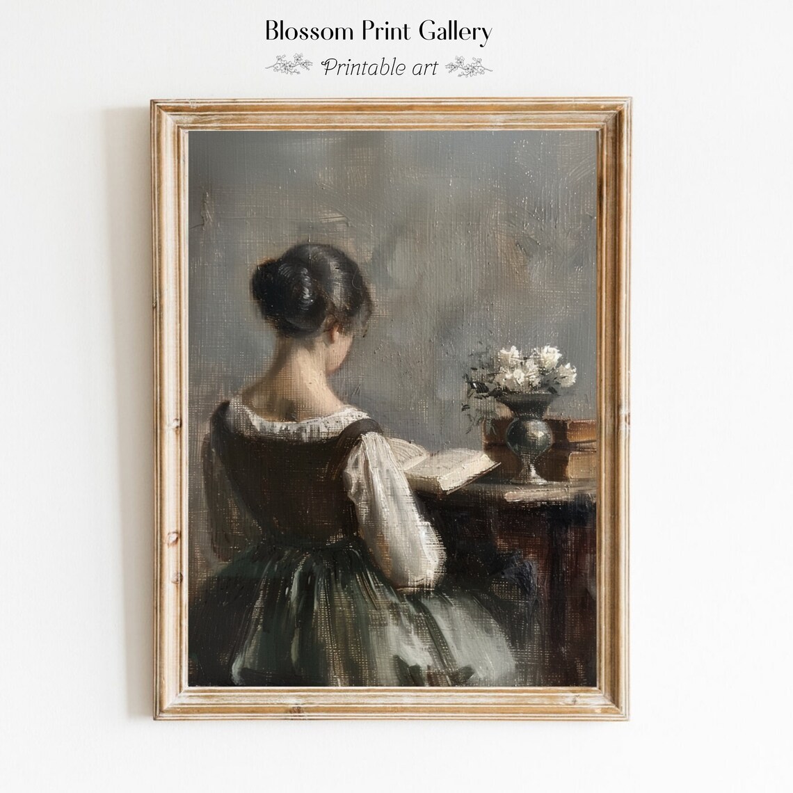 Vintage Woman Reading a Book Muted Antique Portrait Painting Poster